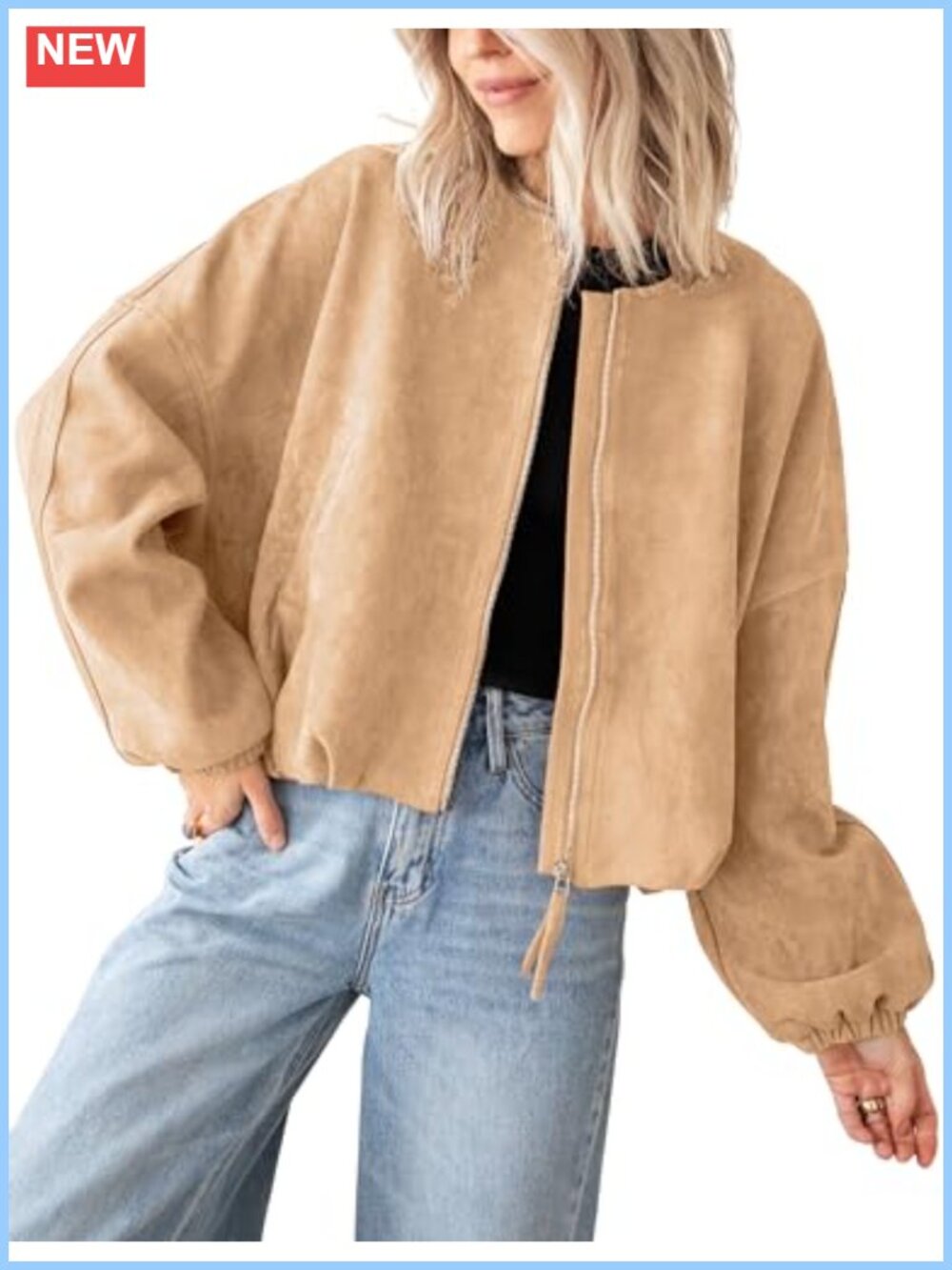 Faux Suede Bomber Jacket Oversized Cropped Zip Up Women Coat